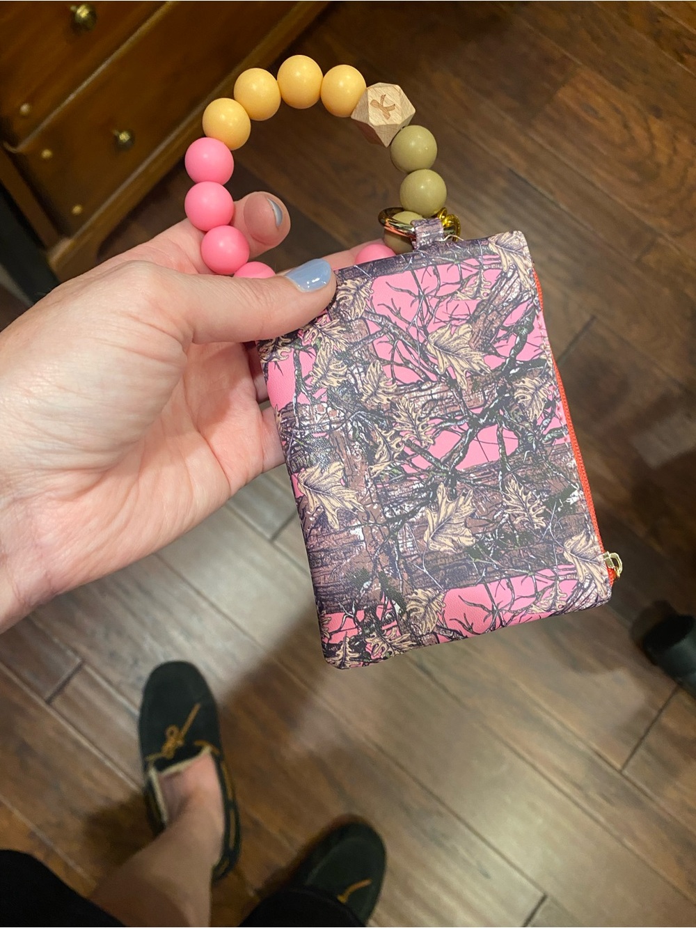 Pink Camo Wristlet Card Wallet with Beaded Strap